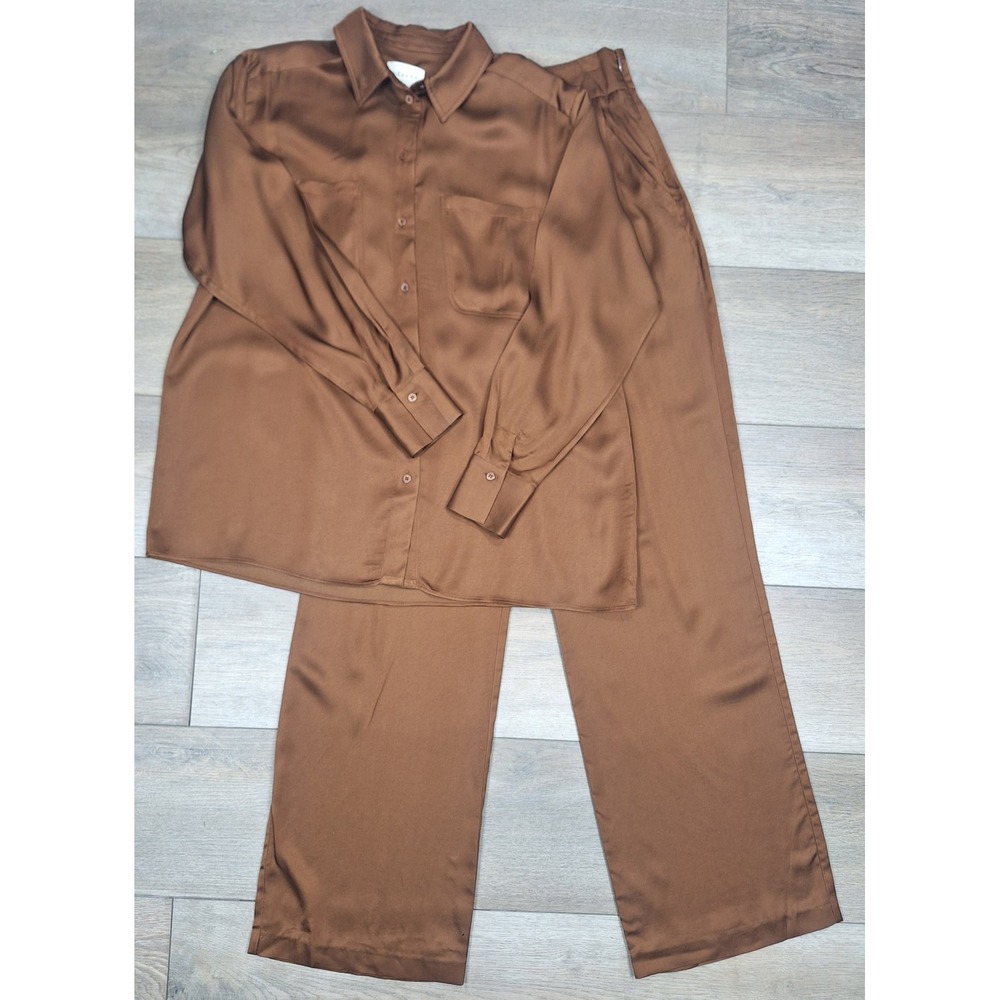 Sezane Brown Satin Shirt and Azzio Wide Leg Pants Set Size 36 Coffee Viscose Set